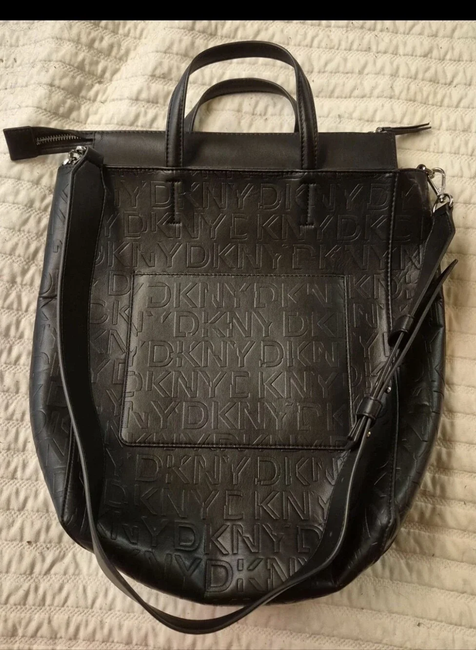 DKNY Black Embossed Leather Laptop Bag with Adjustable Crossbody Strap
